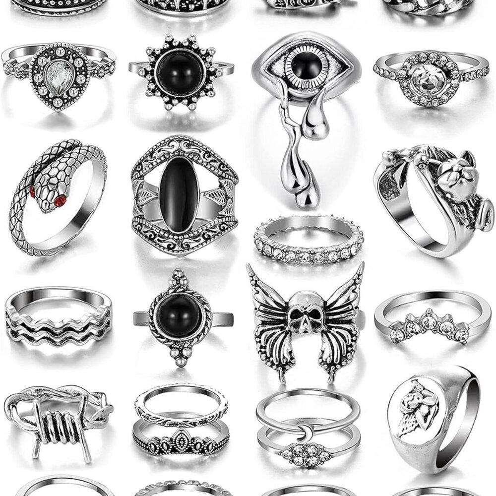 26-35 Pcs Vintage Silver Knuckle Rings Set for Women Men, Grunge Gothic Rings Ch